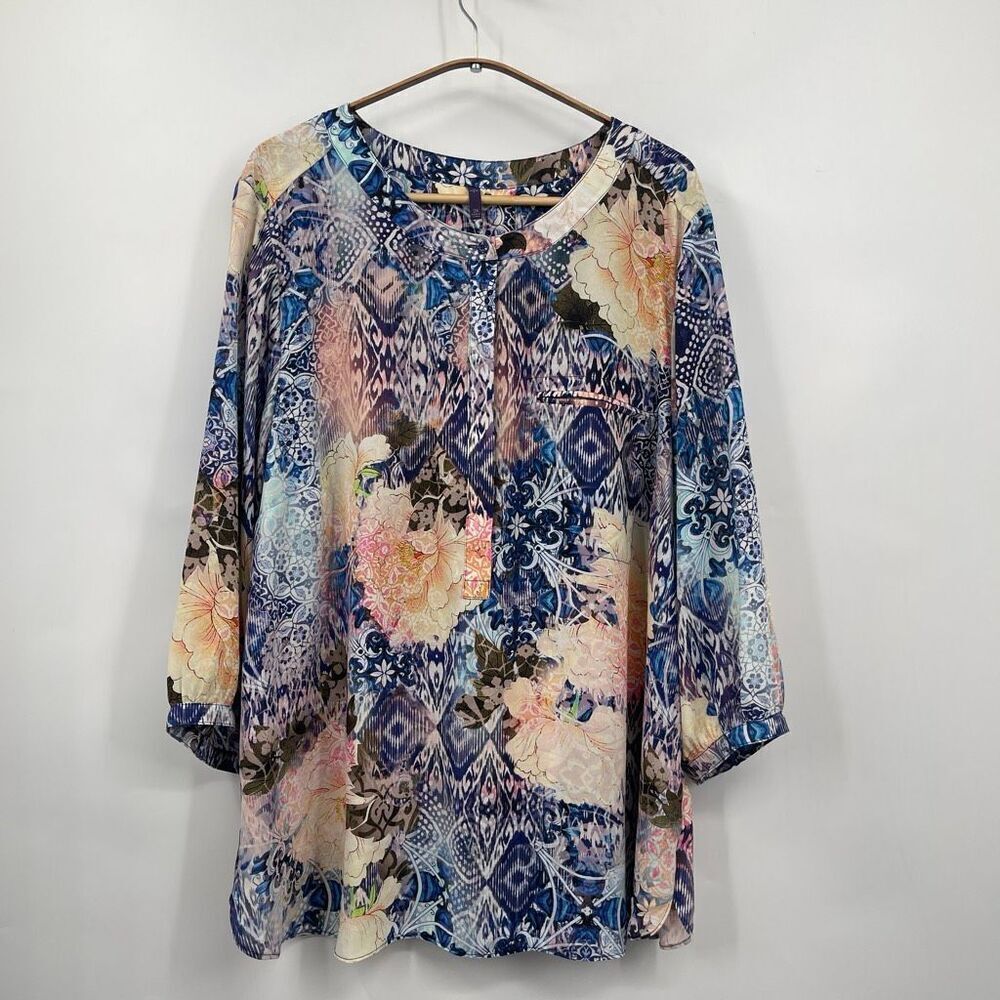 NYDJ Multicolor Pintuck Back Half Button-Down 3/4 Sleeve Floral Blouse Size 2X